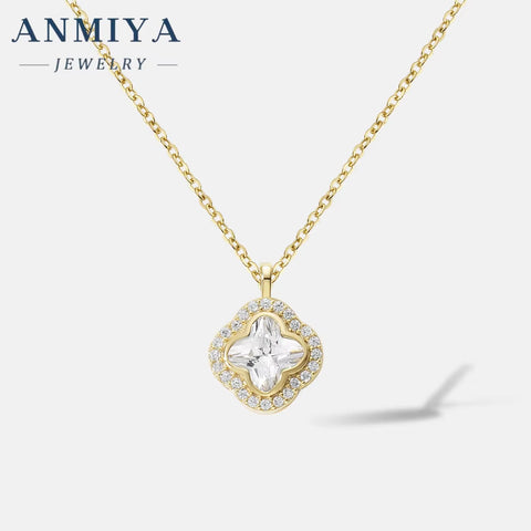 Luxury 925 Sterling Silver Clover Pendant Necklace for Women Square Zircon Link Chain Necklace for Parties Gifts