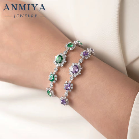 ANMIYA Women Gift 925 Sterling Silver Classic Purple Green Blue White Zircon Bracelet Bangles