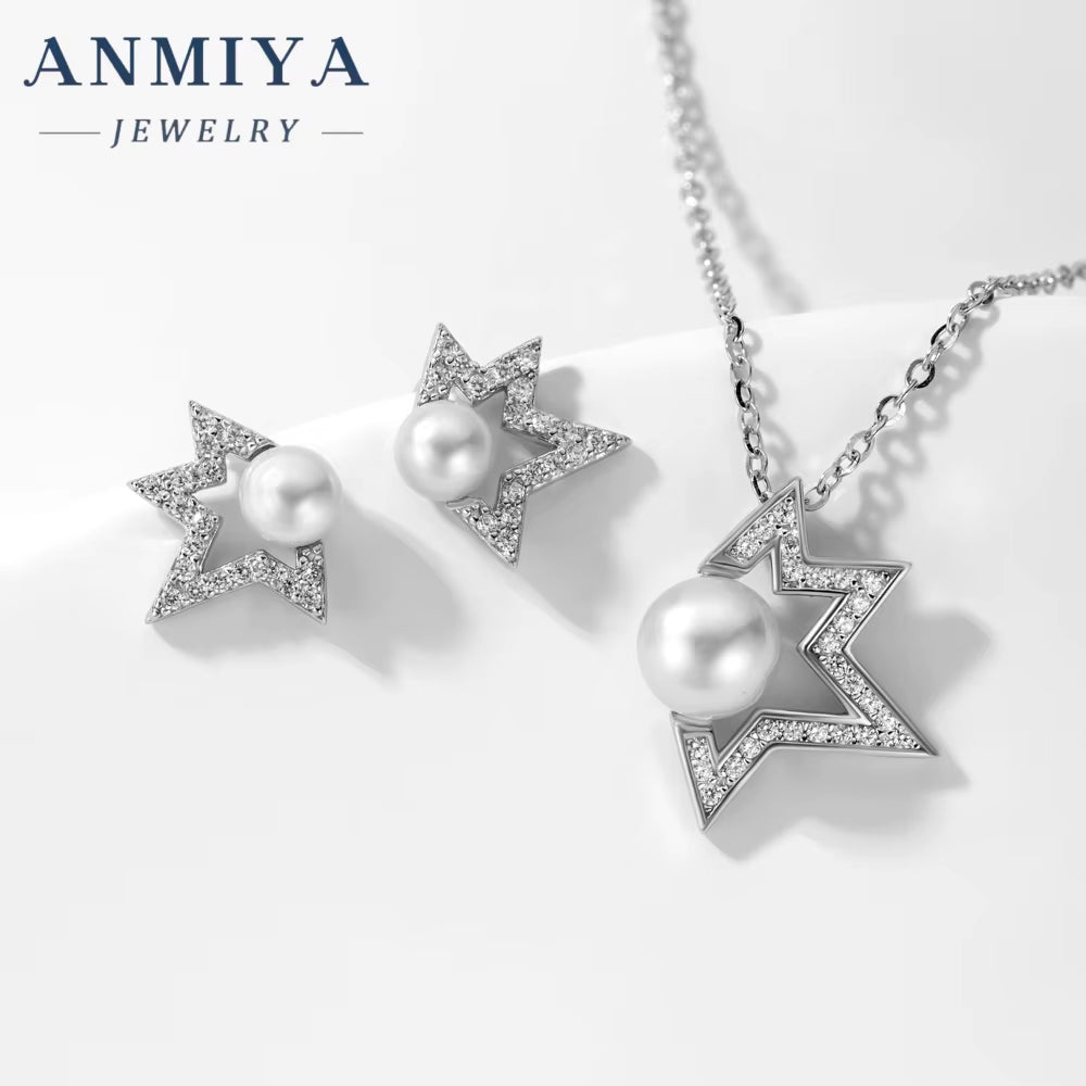 ANMIYA 925 Silver Jewelry Set Star Freshwater Pearl Zircon Necklace and Earring Necklace Set for Women