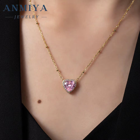 ANMIYA High Quality Pink Pear Ice Cut Heart Shape 925 Silver Jewelry Fashion Wholesale for Bestfriend Jewelry Girlfriend