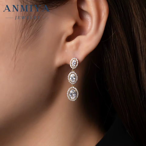 ANMIYA Fashion Jewlery Fine 925 Silver Long Oval Zircon Stone Diamond Necklace and Earrings Set for Women Ladies