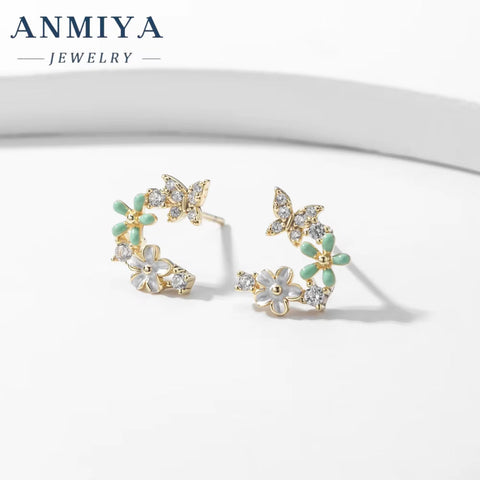 ANMIY Fine Designer Brand Fashion Butterfly Flower Shape Stud Earrings 925 Silver for Girl