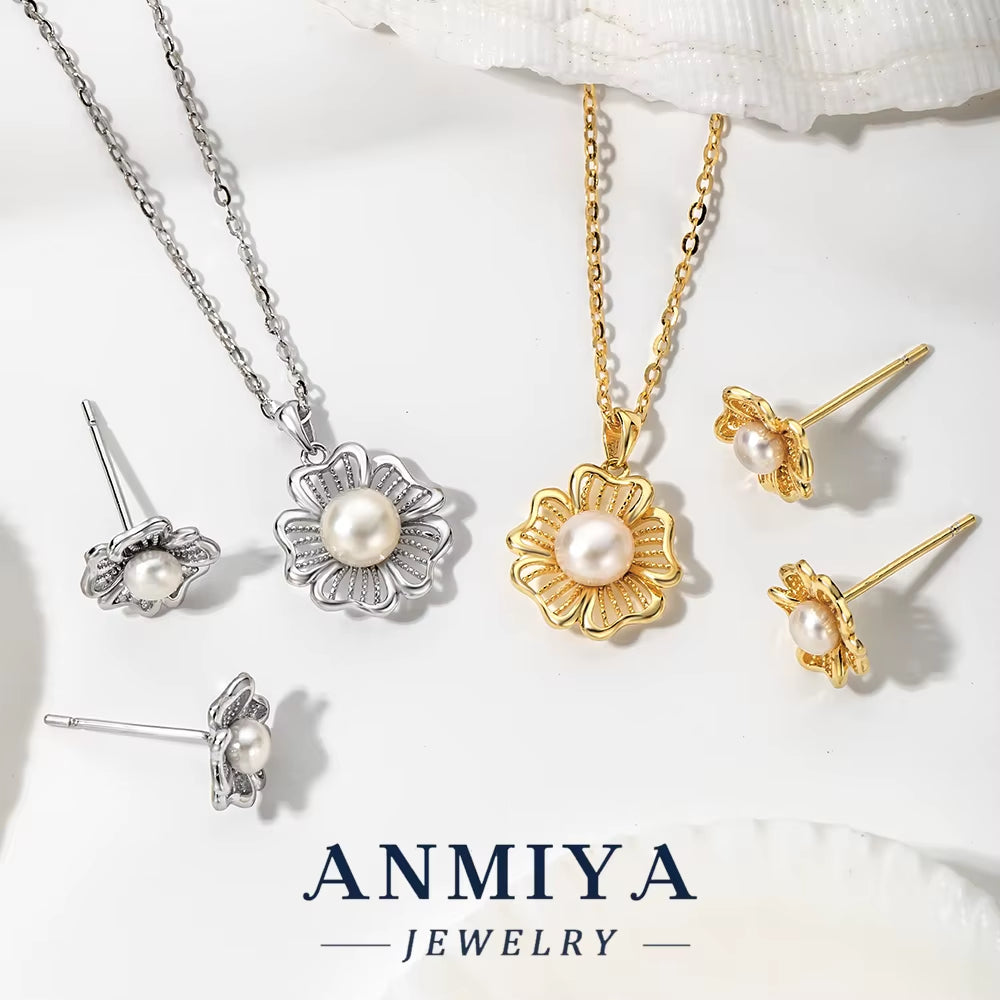 Luxury Necklace Earring Set Luxury Diamond Hollow Five Leaf Flower Pearl Charm Banquet Earring Necklace