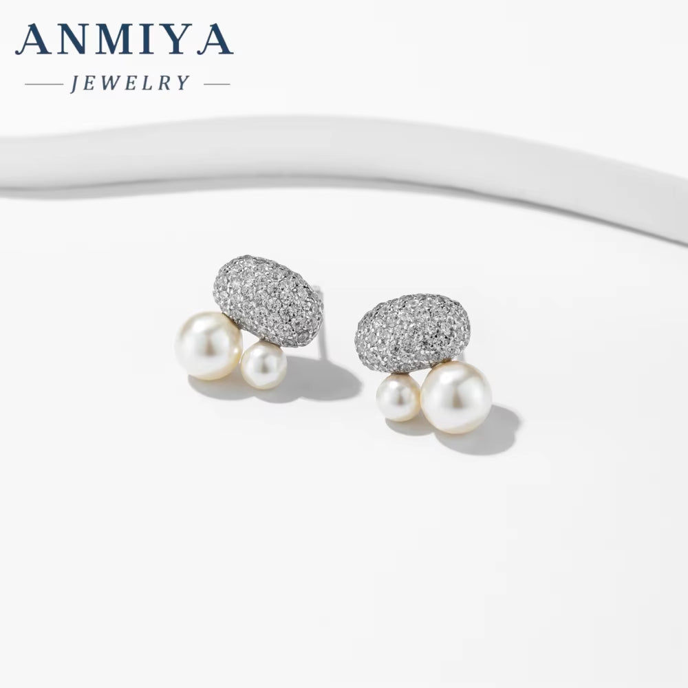 Fine Jewelry Earrings S925 Silver Big Diamond Rhinestone Double Pearl Cubic Zirconia Pearl Earrings