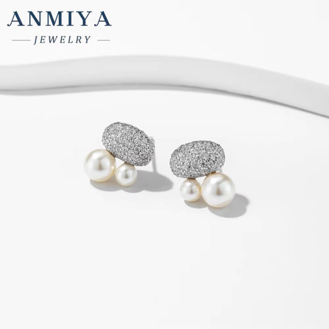 Fine Jewelry Earrings S925 Silver Big Diamond Rhinestone Double Pearl Cubic Zirconia Pearl Earrings