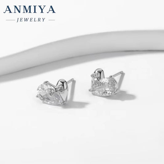 Women Simple Fine Jewelry Diamond Cubic Zircon Stone Elegant 925 Sterling Silver Heart Shaped Stud Earrings for Girls