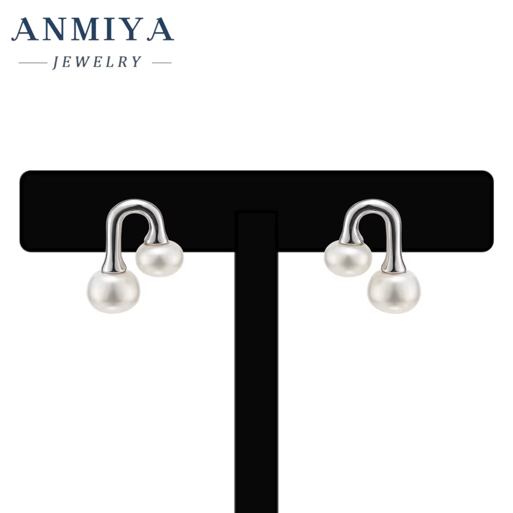 ANMIYA Dainty Sterling Silver Earrings U-Shaped Double Pearl Stud Earrings for Women