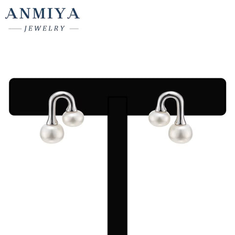 ANMIYA Dainty Sterling Silver Earrings U-Shaped Double Pearl Stud Earrings for Women