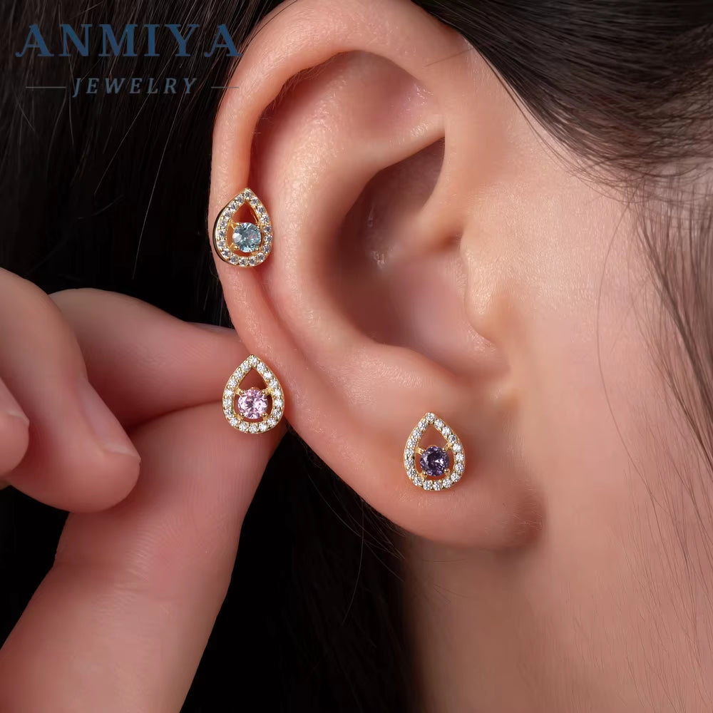 ANMIYA Custom 3Pcs Set S925 Sterling Silver Purple Zircon CZ Stone Geometric Water Drop Heart-Shaped Zircon Stud Earrings Set
