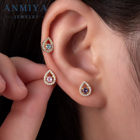 ANMIYA Custom 3Pcs Set S925 Sterling Silver Purple Zircon CZ Stone Geometric Water Drop Heart-Shaped Zircon Stud Earrings Set