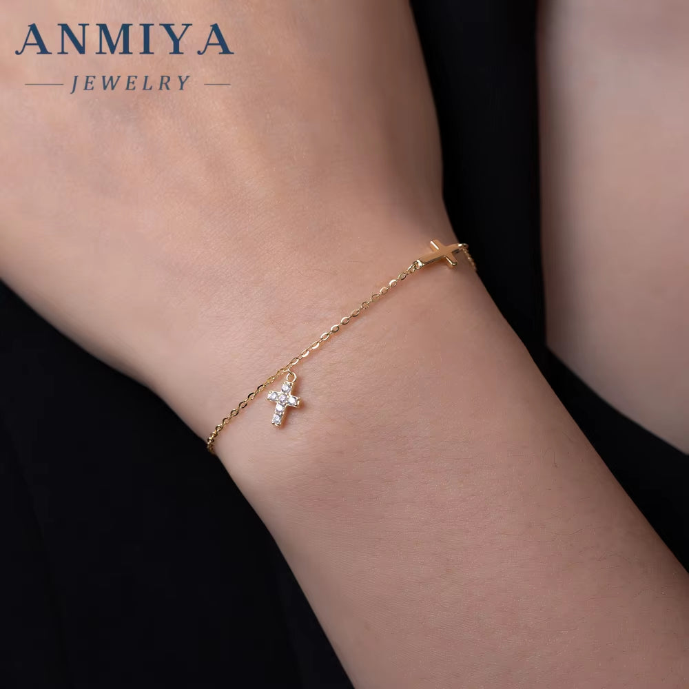 ANMIYA Design Trendy 18K Gold Plated 925 Sterling Silver Cross Charm with Zircon Bracelet Fine Jewelry Women Bracelet