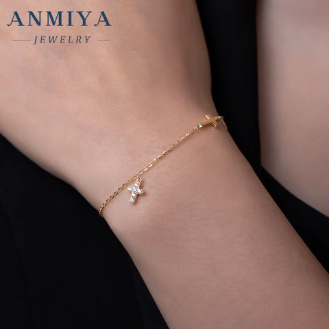 ANMIYA Design Trendy 18K Gold Plated 925 Sterling Silver Cross Charm with Zircon Bracelet Fine Jewelry Women Bracelet