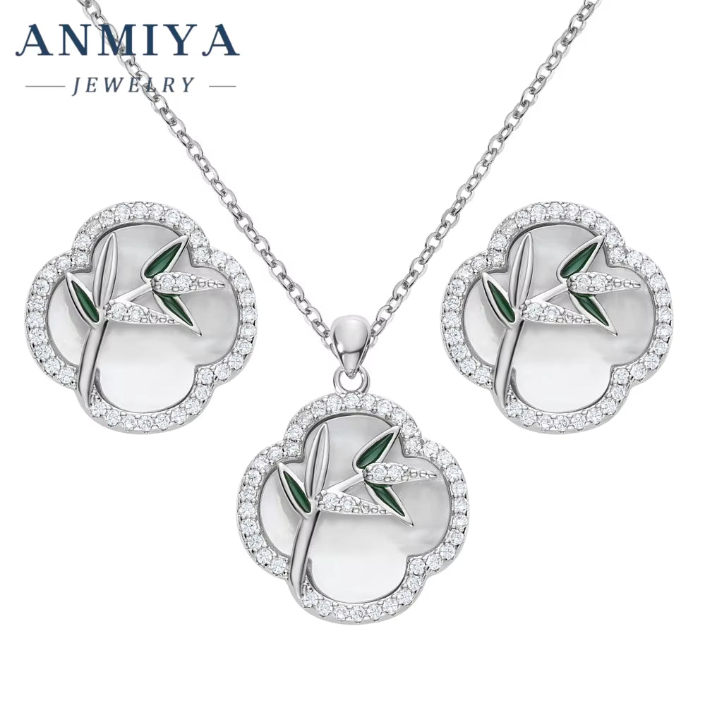 2024 Fashion Hot Sell New Simple Necklace Earrings Jewelry Set 925 Silver Bamboo Clover Jewelry for Women