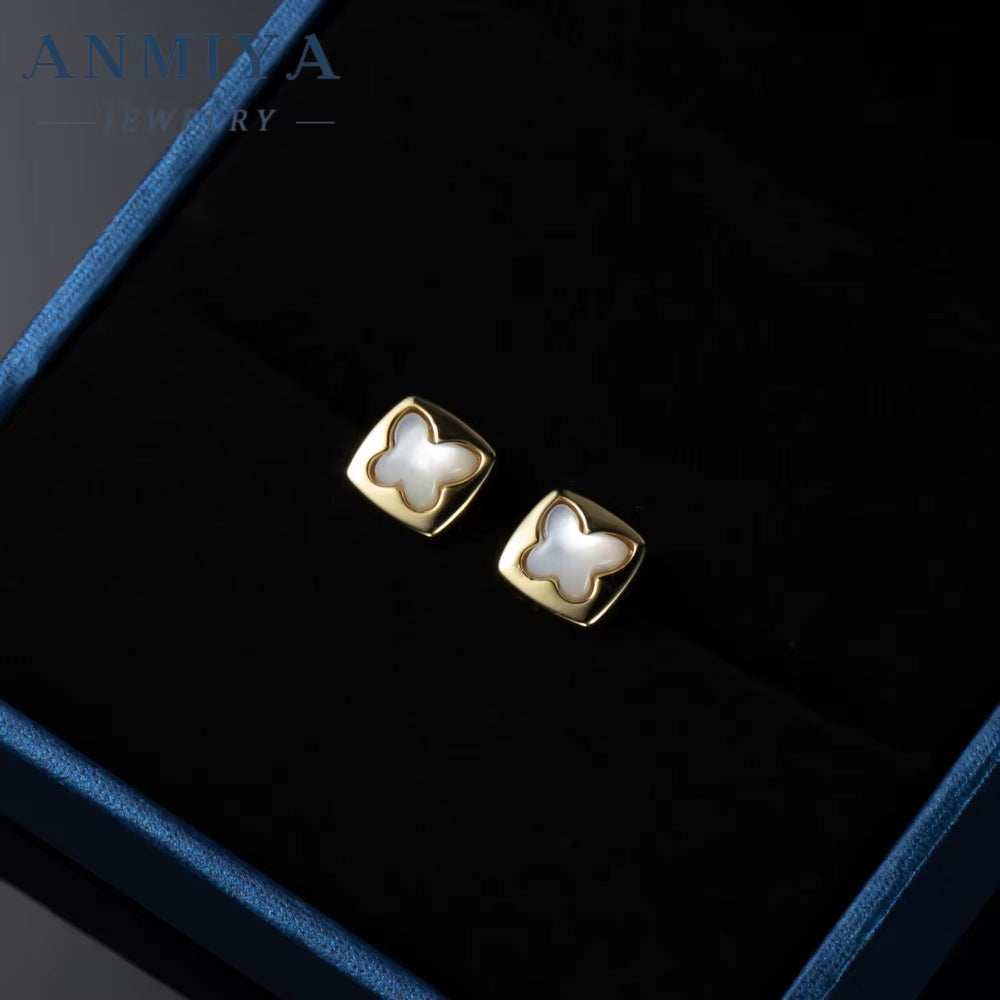 ANMIYA Square Butterfly Shape 18K Gold Plated Shell Jewelry Fashion Stud Earrings