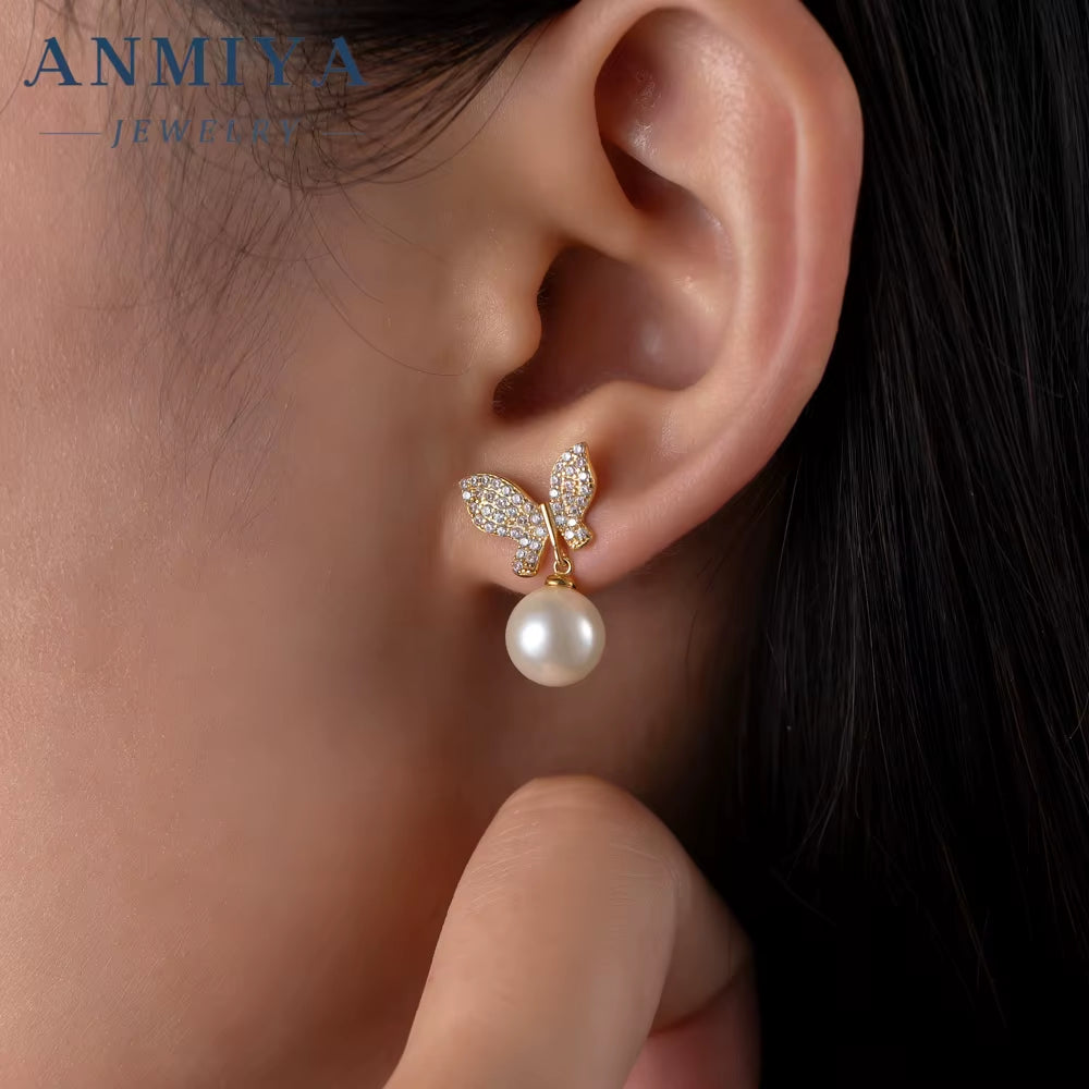 ANMIYA Best Selling Butterfly Water Resistant Zirconia Cute Sweet Earrings Stud 925 Silver High Quality Earring for Women Summer