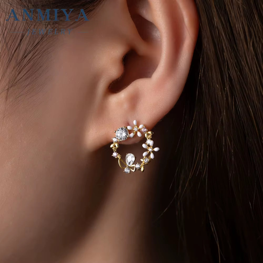 ANMIYA Best Selling Wholesale Flower and Zircon Garland Shape Zirconia 925 Silver Necklace Earrings Set for Women