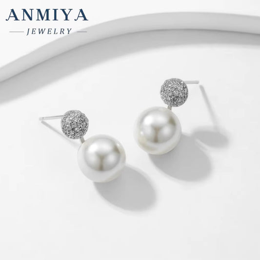 ANMIYA Classic Vintage Fashion 925 Silver Statement Cubic Zirconia Fresh Water Pearls Earrings