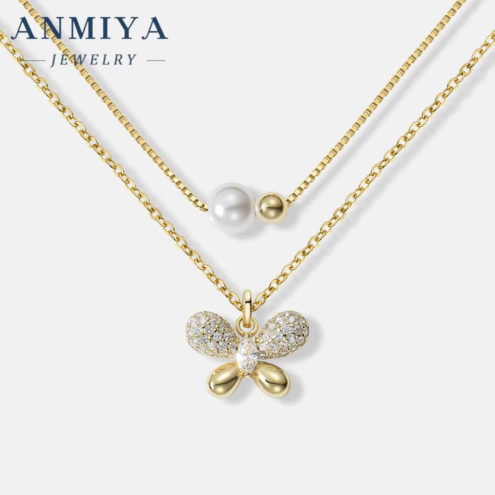 ANMIYA Women Multi-Layered Pearl Butterfly Zircon 925 Sterling Silver Valentine'S Day Charm Necklace for Women