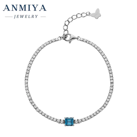 ANMIYA Jewelry 18K Gold Plated Chain Bracelet 925 Sterling Silver Blue Square Cubic Zircon Bracelet