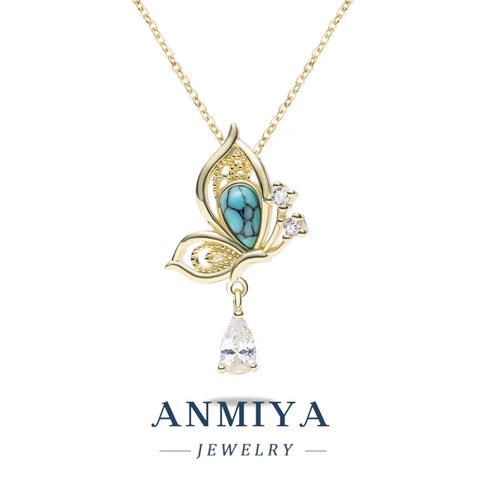 ANMIYA Women'S 925 Sterling Silver Butterfly Necklace Turquoise Stone and Zirconia with Cute Link Chain for Gift