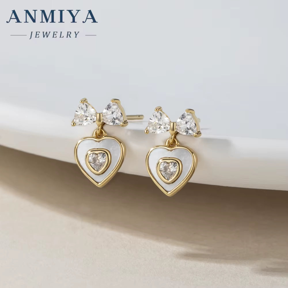 Hotsale 2024 Heart Bow Lovely Drop Earrings 925 Sterling Silver Zircon 18K Gold Filled Lady Sweet Heart Stud Earrings