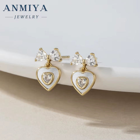 Hotsale 2024 Heart Bow Lovely Drop Earrings 925 Sterling Silver Zircon 18K Gold Filled Lady Sweet Heart Stud Earrings