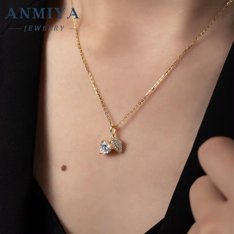 ANMIYA 18K Gold Leaf and Zircon Diamond Heart Shape 925 Silver Wholesale Unique Temperament Necklace for Women Fashion
