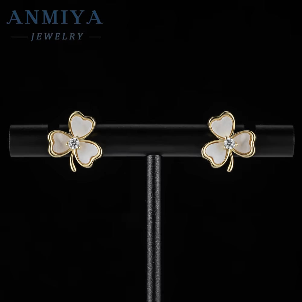 Jewelry Fashion Elegant Diamond Clover 925 Sterling Silver Women'S Gold Thick 18K Gold Plated Stud Earrings