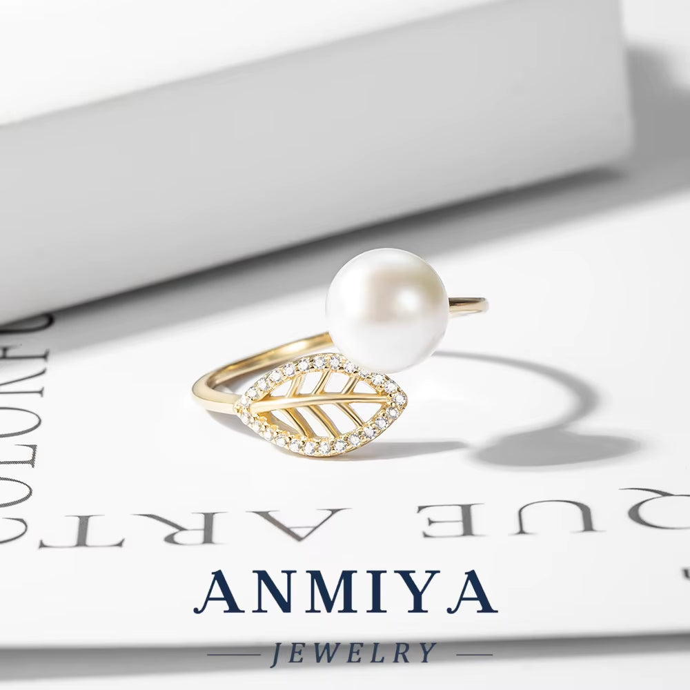 Leaf Shape Design Adjustable Open Ring 925 Sterling Silver with Pearl Bead Elegant Festival Jewelry for Wholesale