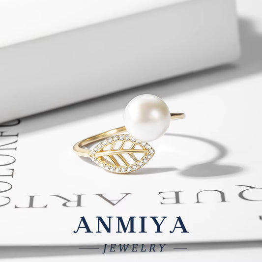 Leaf Shape Design Adjustable Open Ring 925 Sterling Silver with Pearl Bead Elegant Festival Jewelry for Wholesale