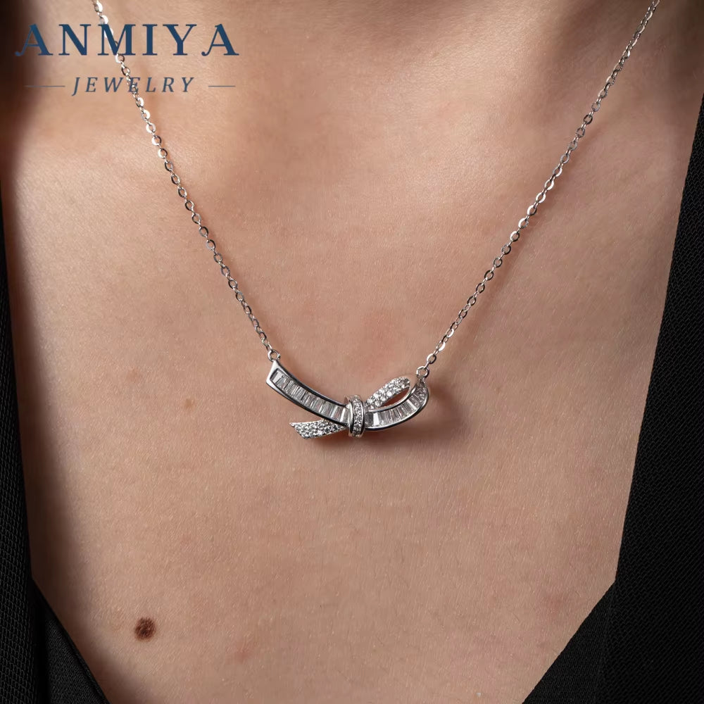 ANMIYA High Quality Original Silver 925 Chain Pendant Real Cubic Zircon Bow Necklace for Women Girls