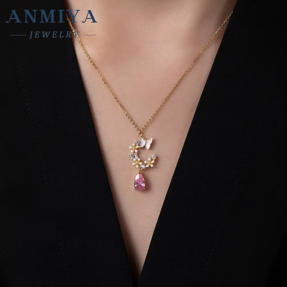 ANMIYA Best Selling Accessory Jewelry Sterling 925 Pink Zircon Water Drop Garland Earrings Set and Necklace for Gift Girls