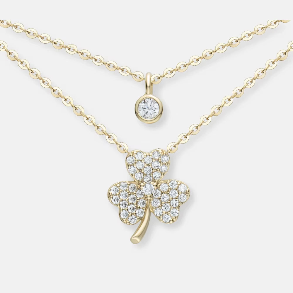 Double Layer Clover Set Chain Gold Glitter Diamond Zircon Collarbone Chain Temperament Necklace Women'S Japanese and Korean