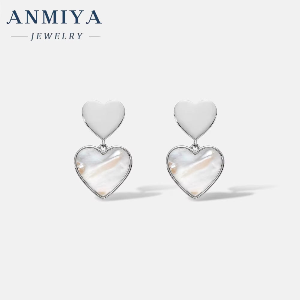 ANMIYA S925 Sterling Silver Korean Style White Shell Earrings 18K Gold Rose Gold Heart Shape Fashion Jewelry Earrings for Women