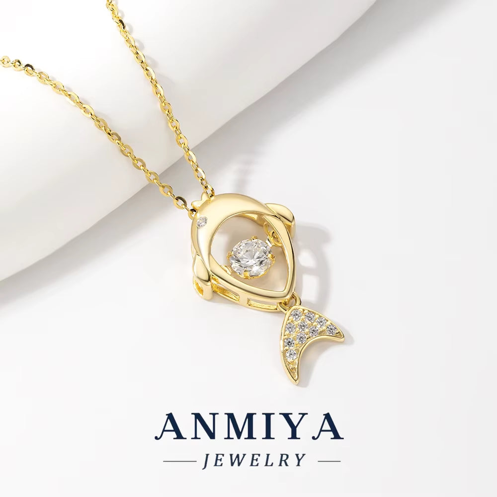 ANMIYA Custom Fine Jewelry Fish Pendant Zircon Necklaces 18K Gold Plated Unique 925 Silver Ladies Necklaces
