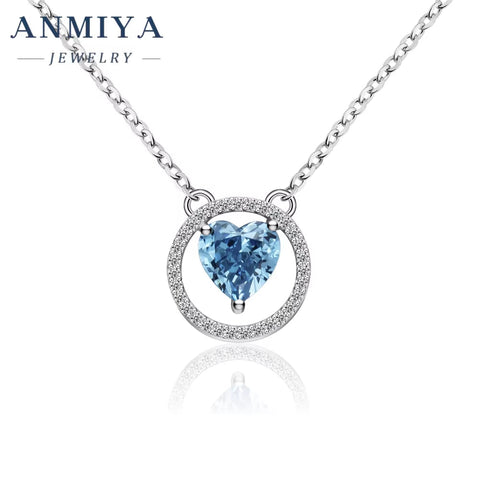 Luxury 925 Sterling Silver Ice Out Diamond Shinny Zircon Blue Heart Charm Wedding Necklace