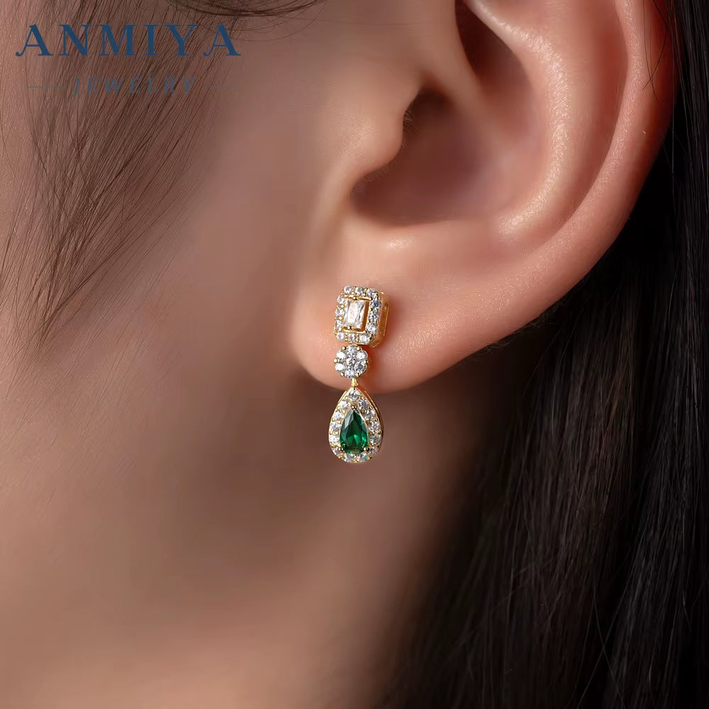 Fashionable Best Selling Emerald Zircon 925 Silver 18K Gold Necklace Pendant Jewelry Water Resistant Necklace Earrings Set
