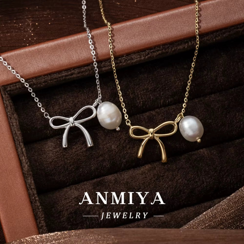 925 Sterling Silver Gold Bow Pearl Necklace for Bowknot Sweet Unique Design Fashion Elegant Style