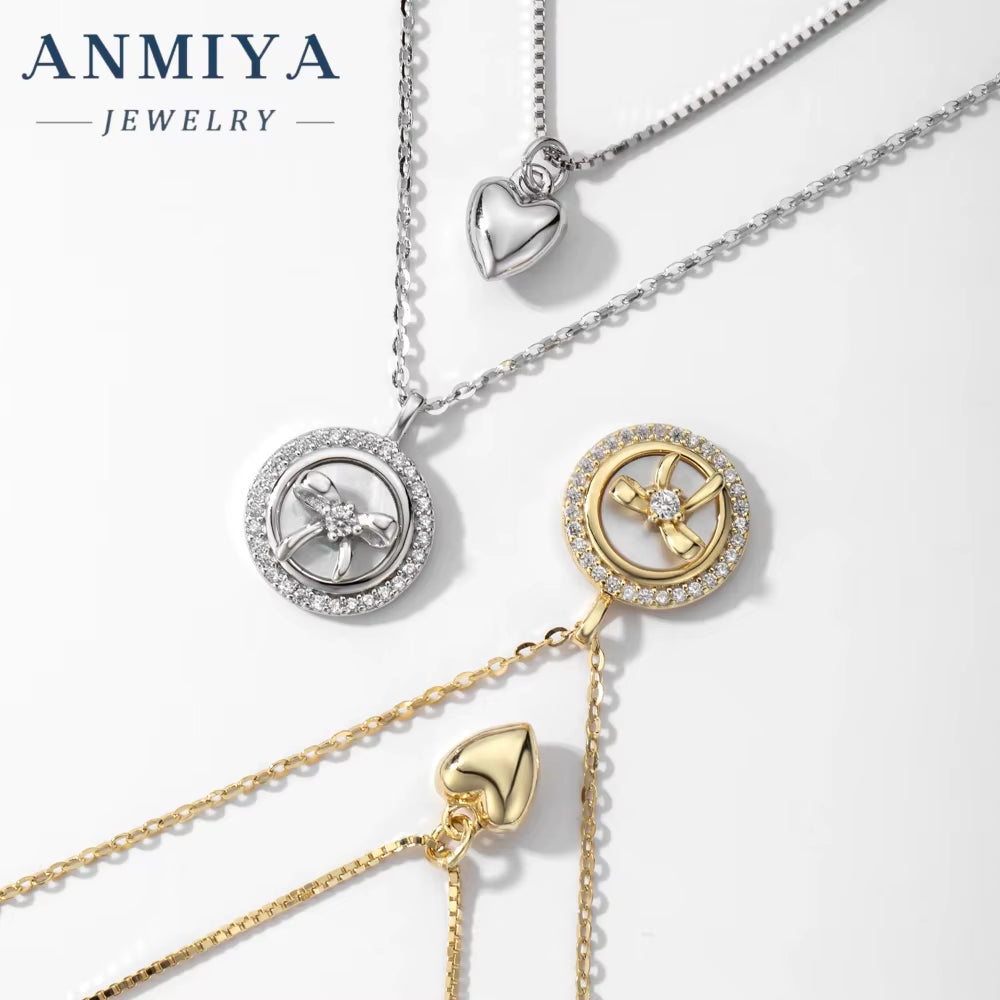 ANMIYA Unisex Accessory Jewelry Sterling 925 Multi-Layered 18K Gold Heart Zircon round Shape Trendy Necklace for Women