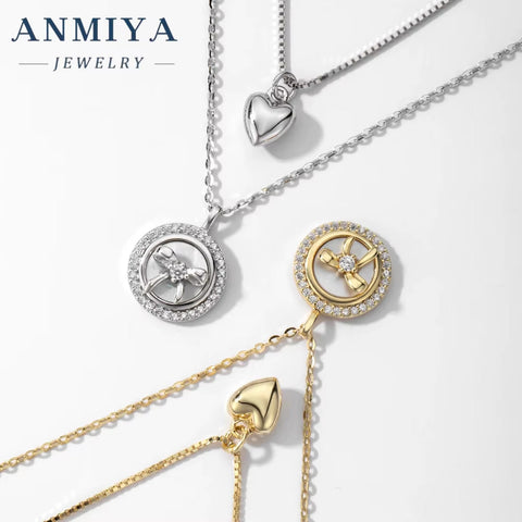 ANMIYA Unisex Accessory Jewelry Sterling 925 Multi-Layered 18K Gold Heart Zircon round Shape Trendy Necklace for Women