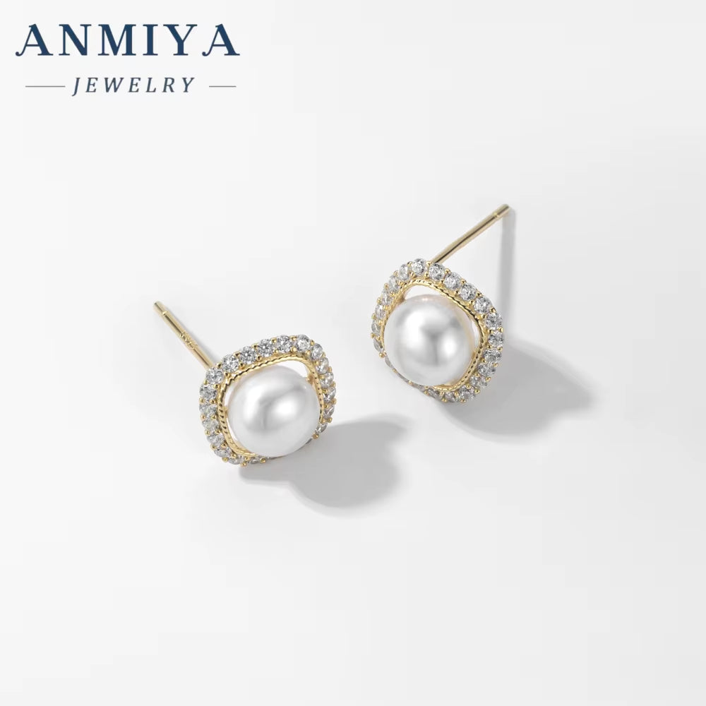 ANMIYA Square Zircon Stone round Pearl 925 Silver Custom Earrings Fresh Water Pearl Earrings Elegant Stud Earrings
