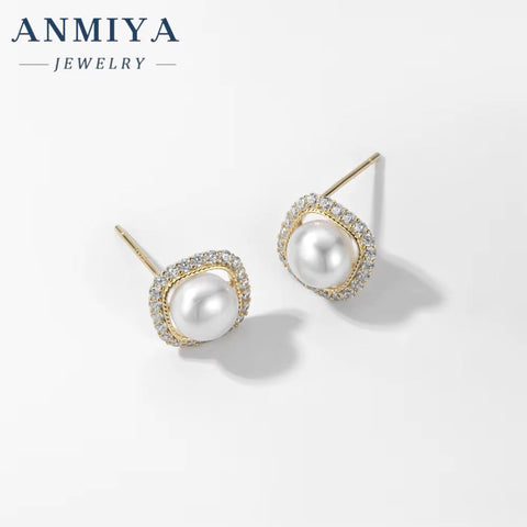 ANMIYA Square Zircon Stone round Pearl 925 Silver Custom Earrings Fresh Water Pearl Earrings Elegant Stud Earrings