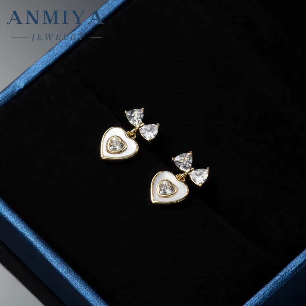 Hotsale 2024 Heart Bow Lovely Drop Earrings 925 Sterling Silver Zircon 18K Gold Filled Lady Sweet Heart Stud Earrings