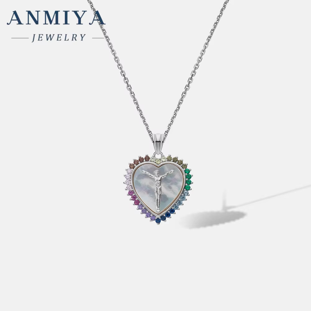 ANMIYA Women'S 925 Sterling Silver Jesus Heart-Shape Zircon Necklace New Design Fashion Jewelry for Wedding Party Engagement