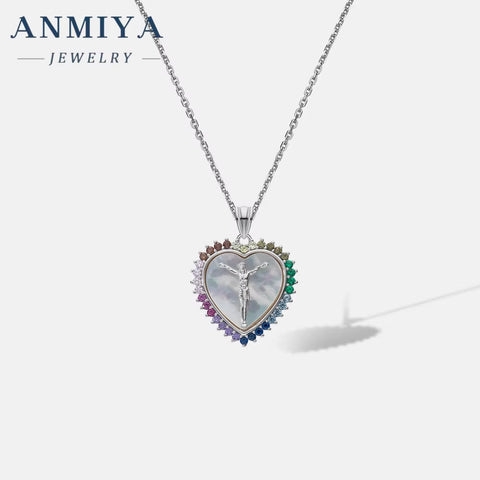 ANMIYA Women'S 925 Sterling Silver Jesus Heart-Shape Zircon Necklace New Design Fashion Jewelry for Wedding Party Engagement