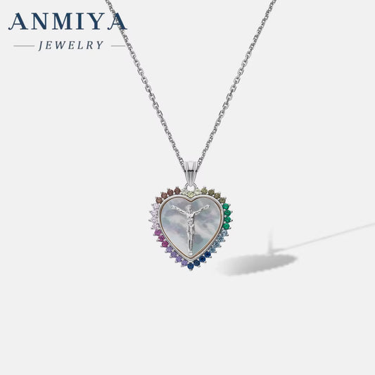ANMIYA New Design Jesus Heart Shape Zircon 925 Sterling Silver Necklace for Women Fashion Jewelry