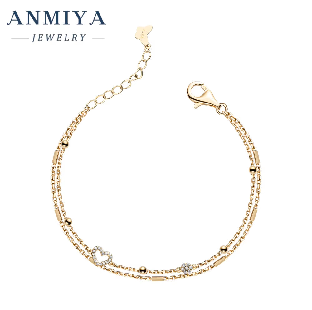 925 Sterling Silver Sparkling Heart Double Layer Bracelet for Women Adjustable Lock Chain Bracelet Fine Jewelry Gift