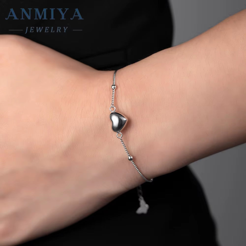 ANMIYA Ins Niche Girl'S Heart Bracelet Waterproof Heart Charm Chain Bangles 925 Silver Women Fine Fashion Bracelet