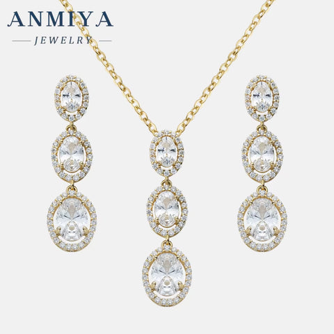 ANMIYA Fashion Jewlery Fine 925 Silver Long Oval Zircon Stone Diamond Necklace and Earrings Set for Women Ladies