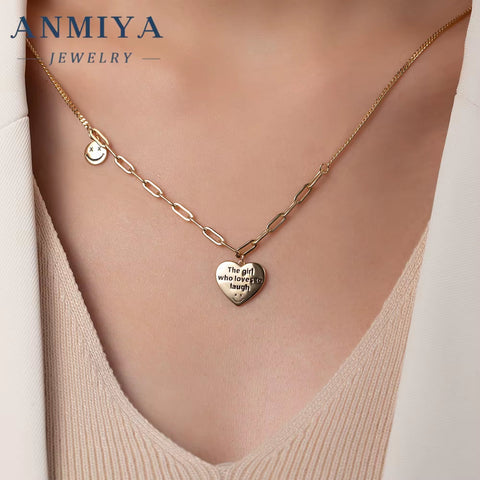 Hot Sale 925 Sliver Necklace 18K Gold with Zircon Smile Heart Necklace Spiritual Gift Necklace for Girl